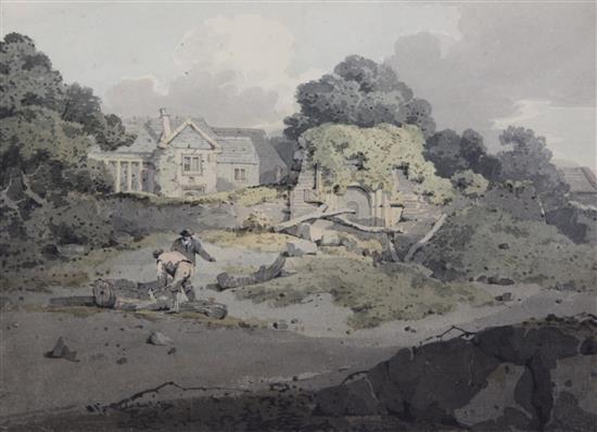 Samuel Prout (1783-1852) Cornish landscape with woodcutters before a country house 7.5 x 10.5in., unframed